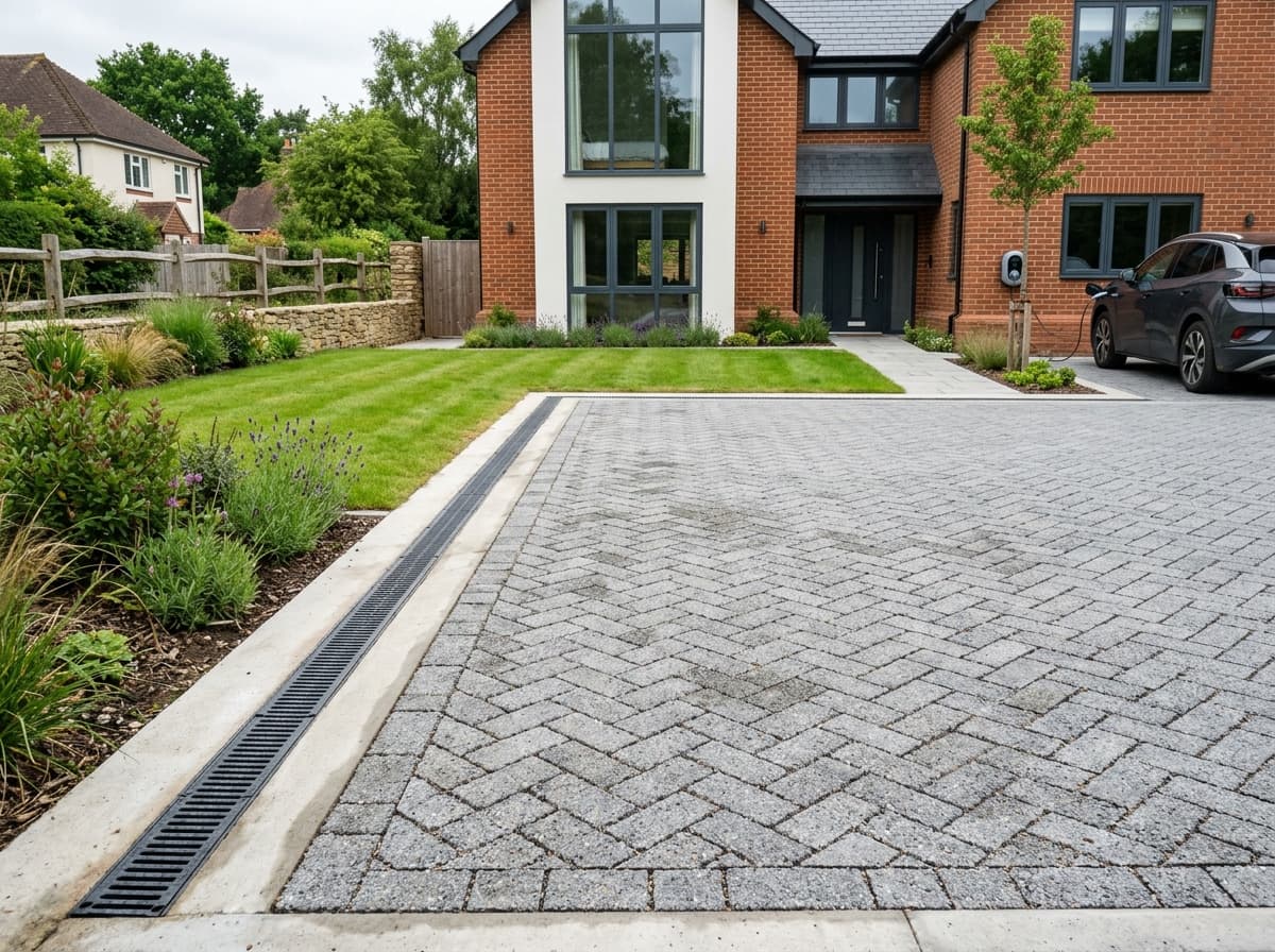 Newly laid light-grey herringbone block paving driveway with a recessed drainage channel along the border
